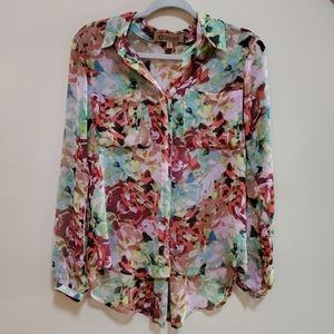 Democracy Bright Floral Multi-Color Semi-sheer Button Down Tunic Shirt Top Small